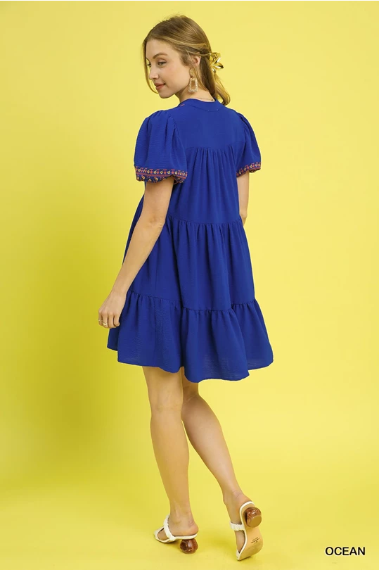 Embroidered Flutter Sleeve Dress