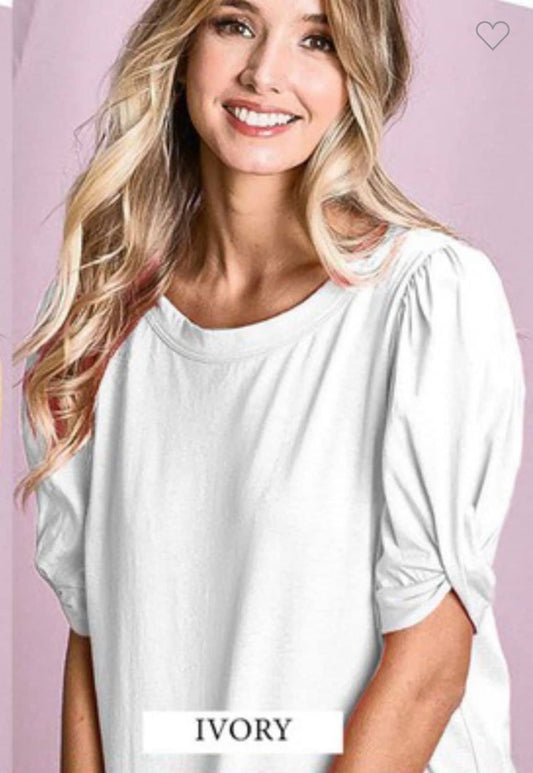 Cotton Span Knit with a Twist Puff Sleeve- Ivory