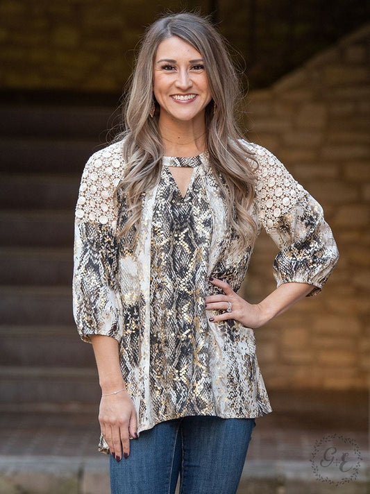 “The Priscilla Gold Foil Snakeskin Top”