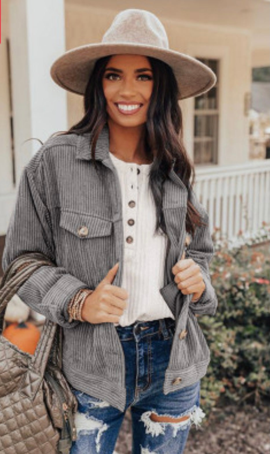”Ribbed Corduroy Long Sleeve Jacket with Pockets”