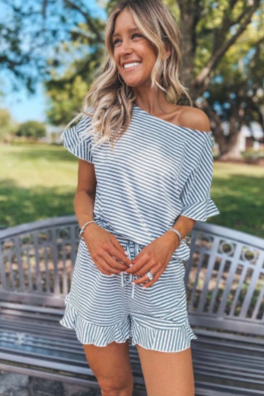 Striped Ruffle Top and Shorts Lounge Set