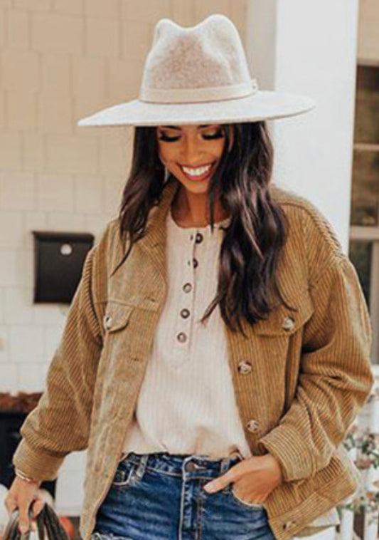 ”Ribbed Corduroy Long Sleeve Jacket with Pockets”