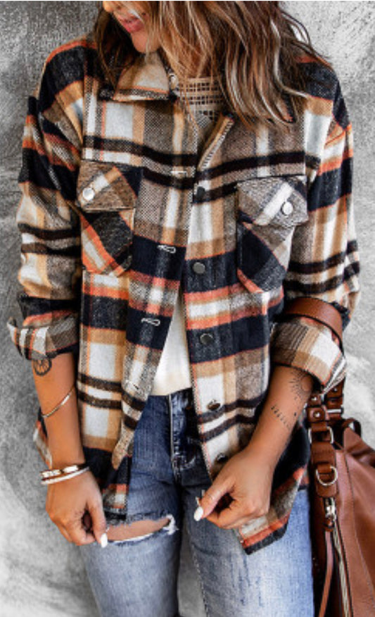 Blue Geometric Plaid Print picketed Shacket