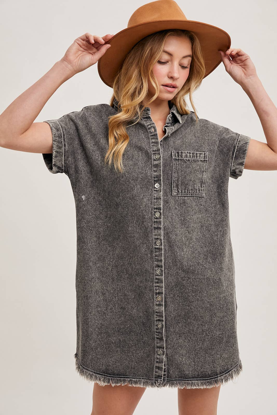 FRAYED HEM DENIM DRESS
