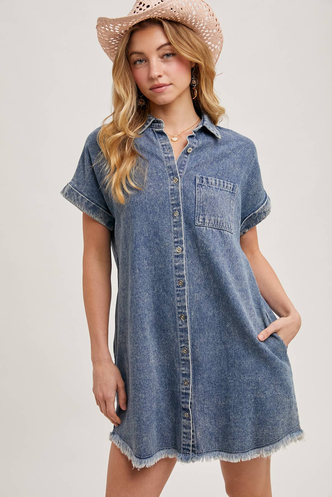 FRAYED HEM DENIM DRESS