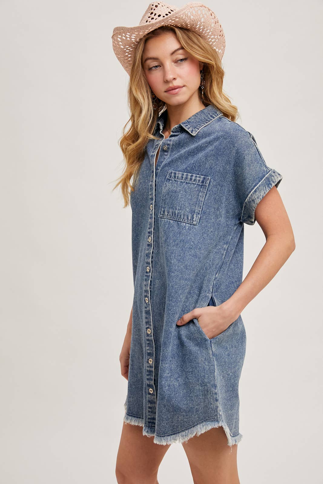 FRAYED HEM DENIM DRESS