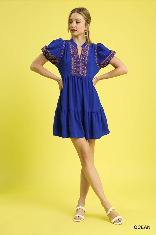 Embroidered Flutter Sleeve Dress