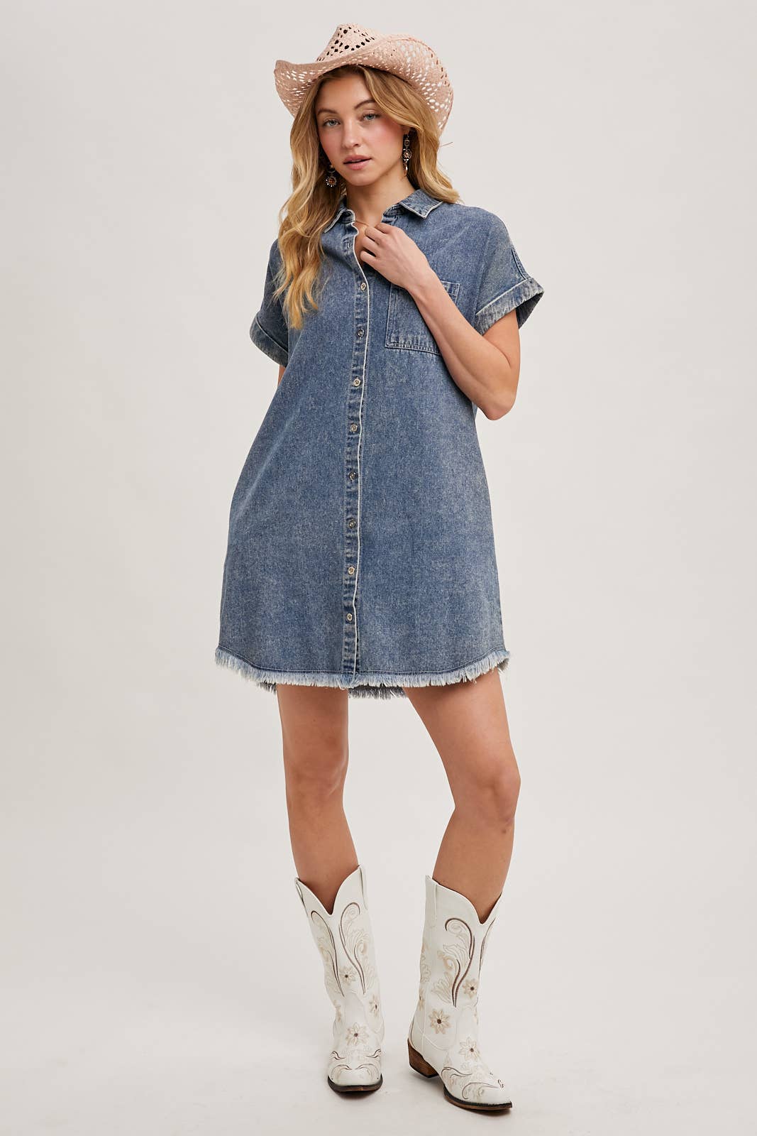 FRAYED HEM DENIM DRESS
