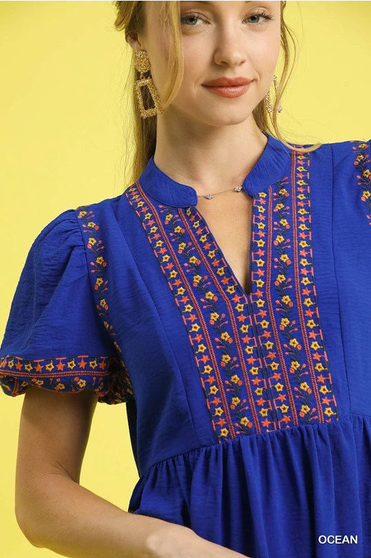 Embroidered Flutter Sleeve Dress