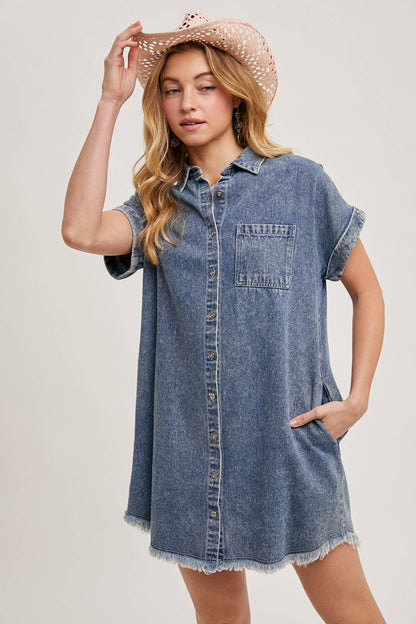 FRAYED HEM DENIM DRESS