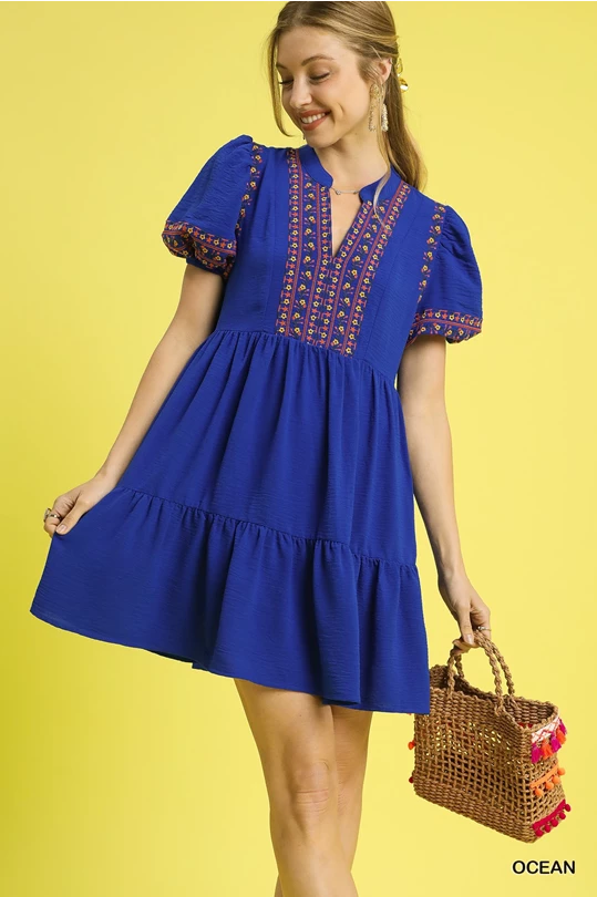 Embroidered Flutter Sleeve Dress