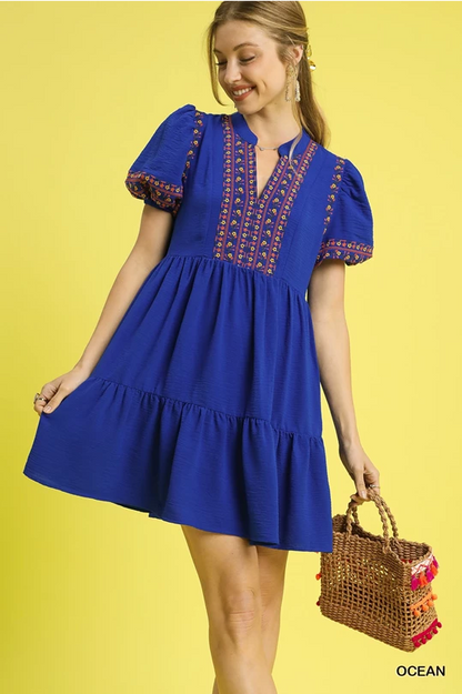 Embroidered Flutter Sleeve Dress