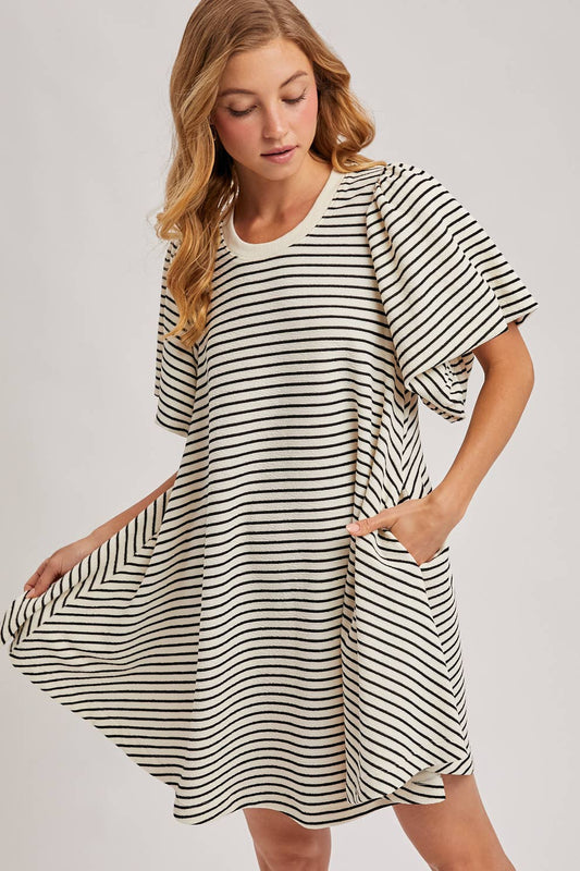 PUFF SLEEVES BILLOWY SILHOUETTE STRIPED DRESS