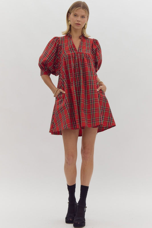 Red Plaid Joy to the World Dress