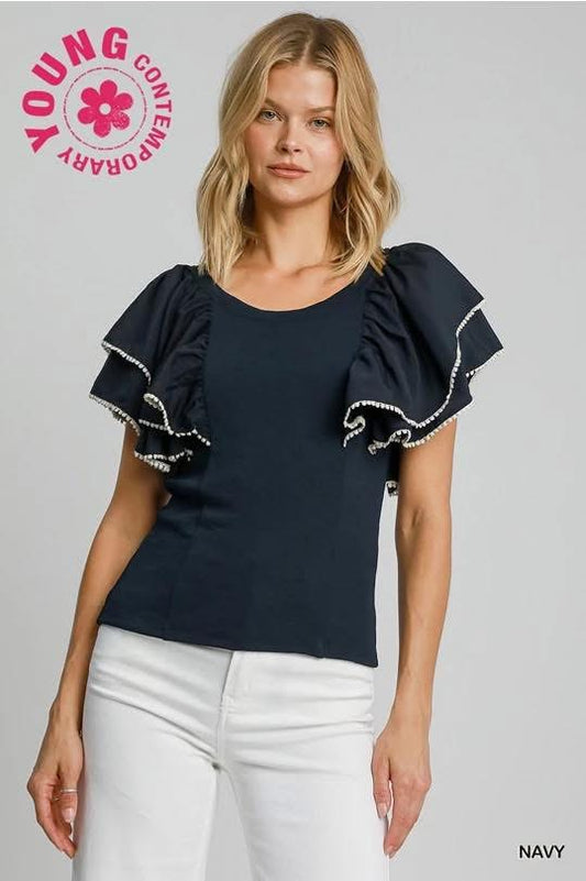 Ruffle Sleeved Rib Knit Top