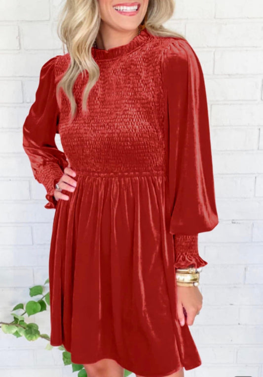 Frilled neck Smocked Bodice velvet dress