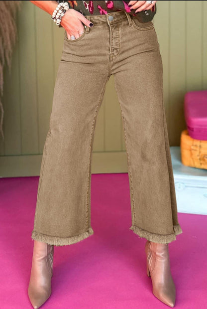 Light Beige French Acid Wash crop wide leg jeans