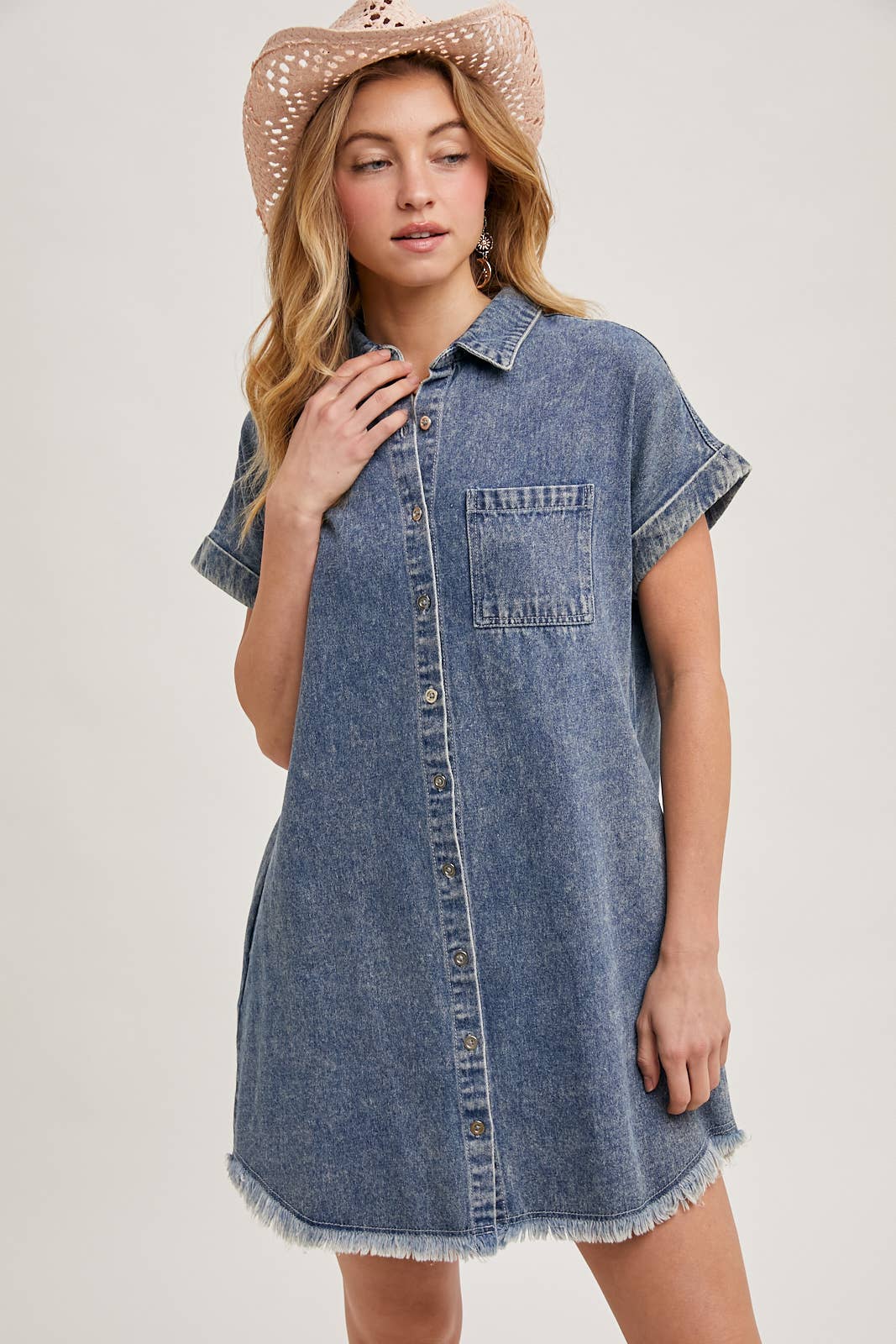 FRAYED HEM DENIM DRESS
