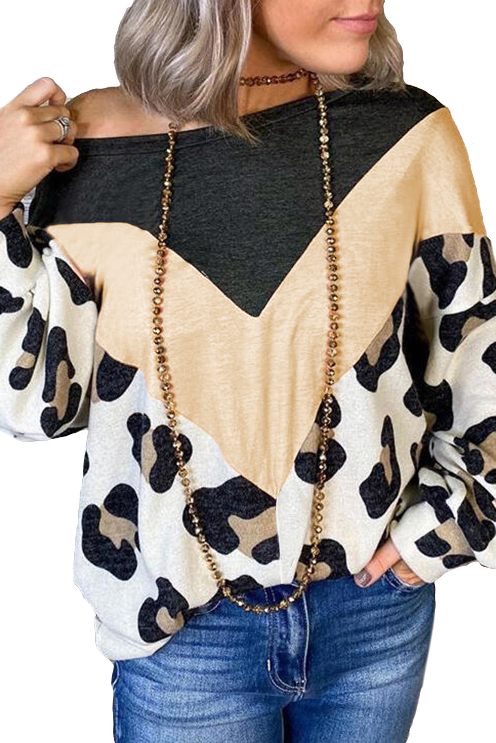 Print Color Block Cold Shoulder Long Sleeve Top