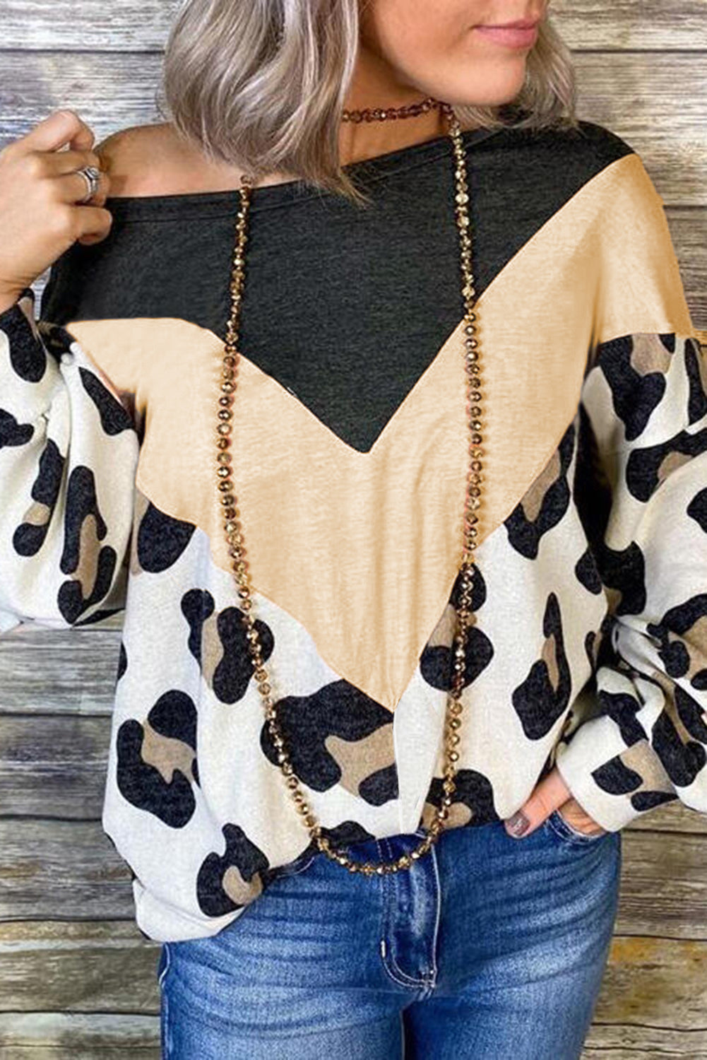 Print Color Block Cold Shoulder Long Sleeve Top