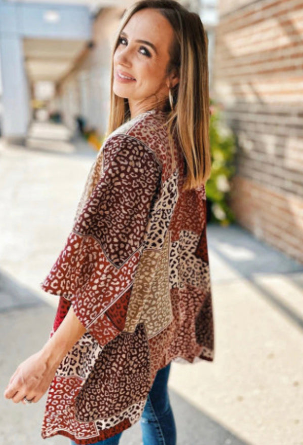 Red Leopard Color Block Kimono