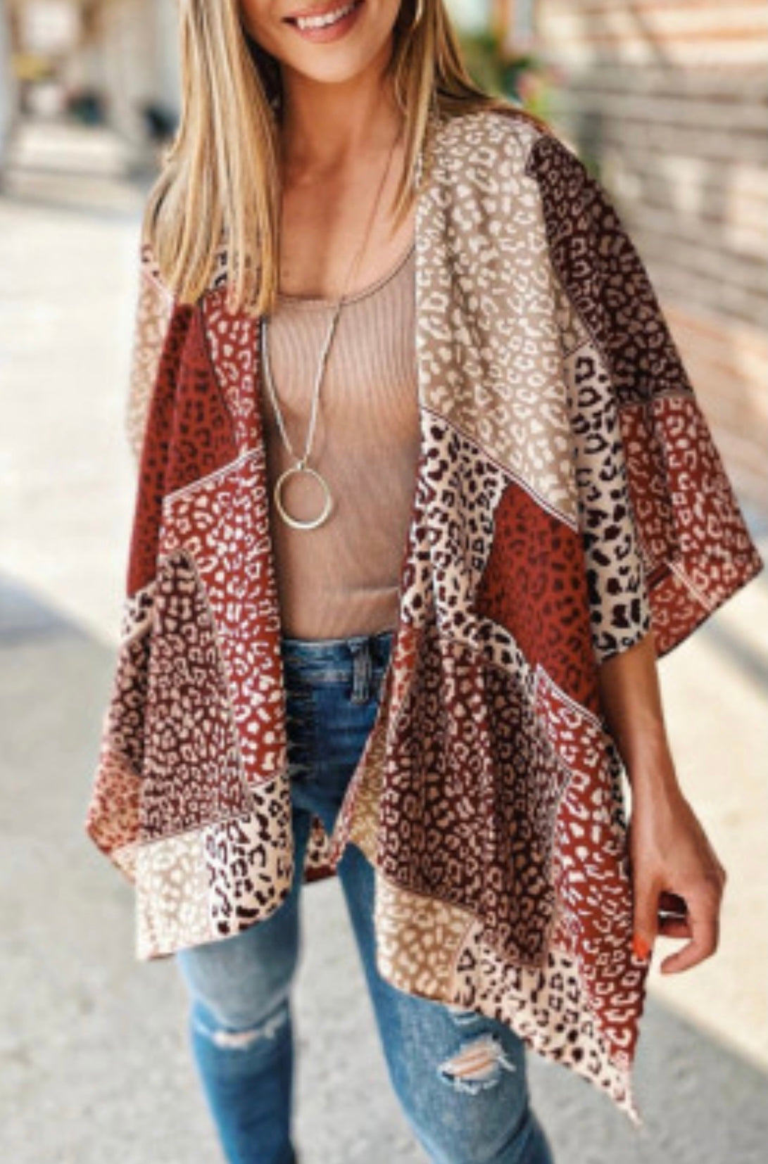 Red Leopard Color Block Kimono
