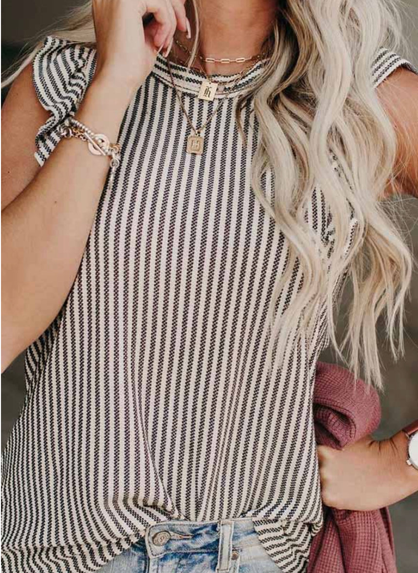 Striped Ruffle Short Sleeve Blouse”