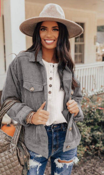 ”Ribbed Corduroy Long Sleeve Jacket with Pockets”