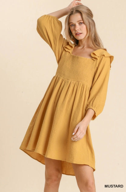 Mustard Smocking Ruffle Dress